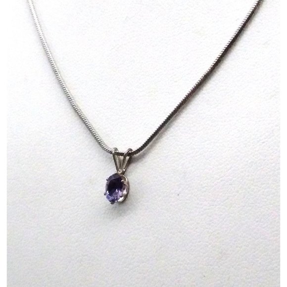 Vintage Oval Purple Crystal Pendant Necklace on Delicate Silver Tone Snake Chain - Picture 3 of 4